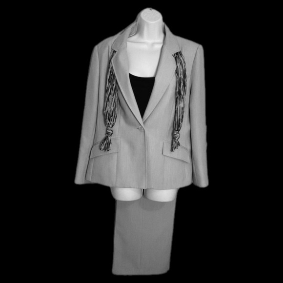 LeSuit Essentials 2 pc Women's 16P Silver Gray Blazer & Slack Set Scarf Accent - Picture 1 of 15